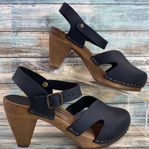 Sanita Matrix Flex Clog Sandal Shoe Womens 5M Black Oiled Leather Wooden Outsole